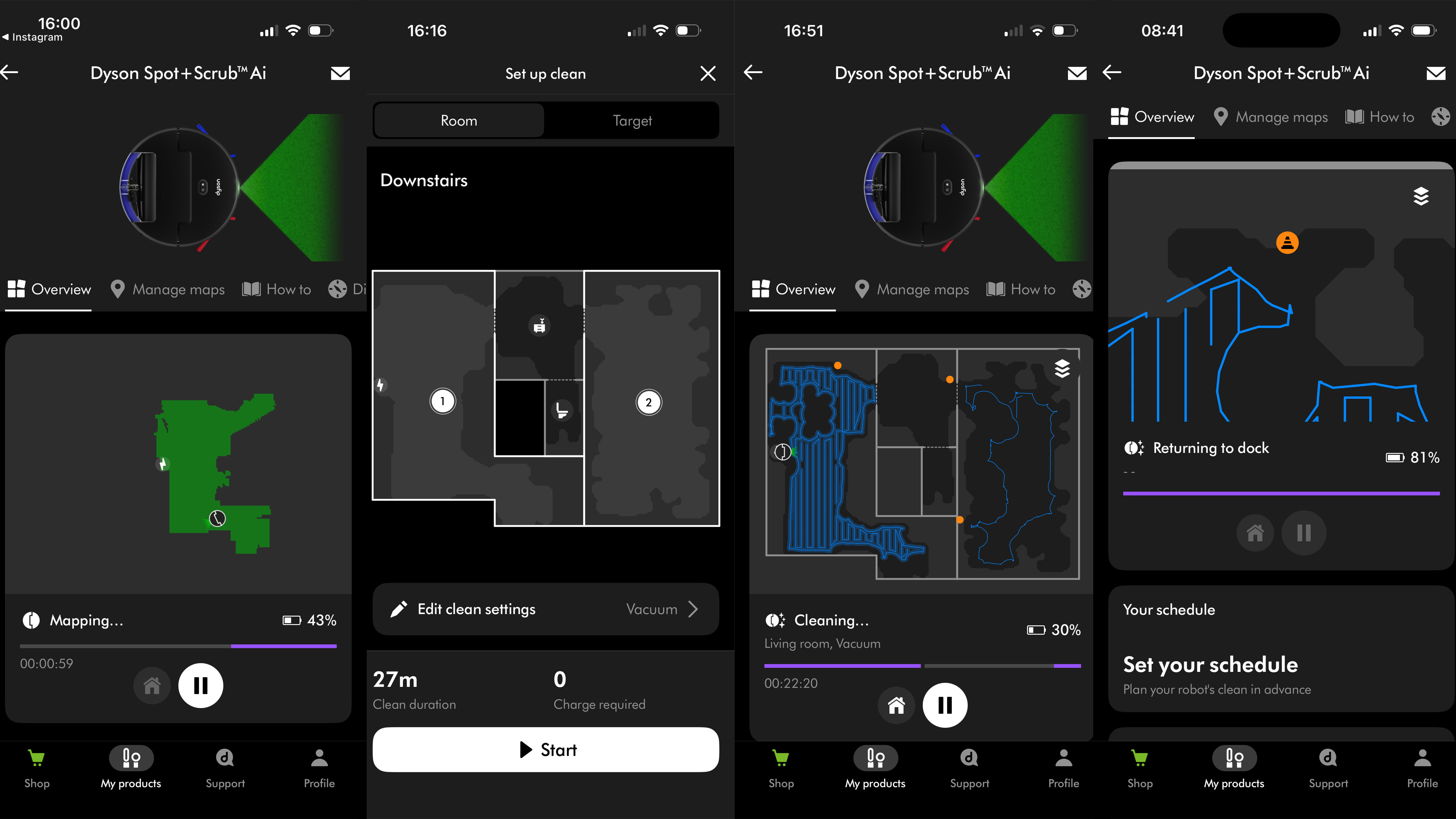Screenshots from the Dyson Spot+Scrub Ai robot vacuum cleaner app