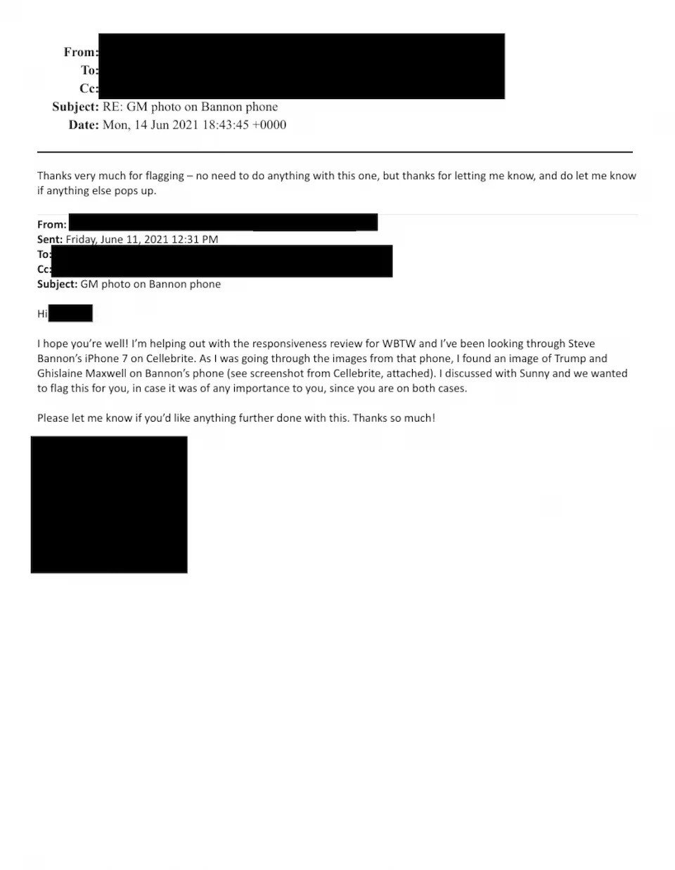 An email discussing an alleged photo of Jeffrey Epstein and Donald Trump on Steve Bannon's phone is shown in this photo released by the Justice Department on Dec. 23, 2025. — Reuters