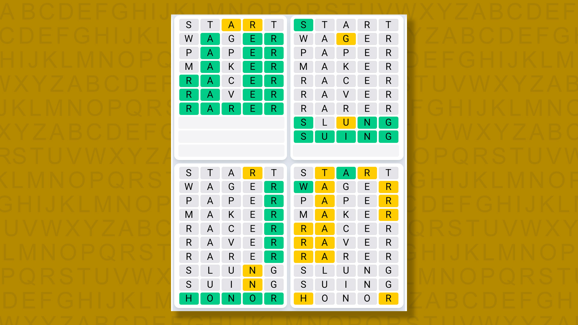 Quordle Daily Sequence answers for game 1430 on a yellow background