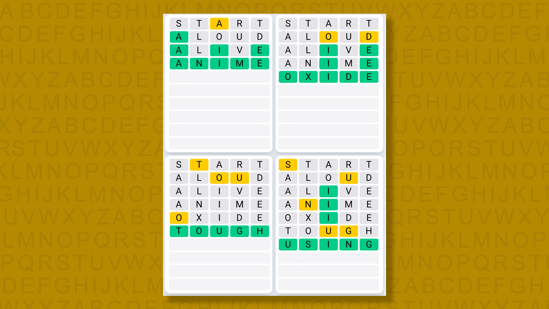 Quordle Daily Sequence answers for game 1431 on a yellow background