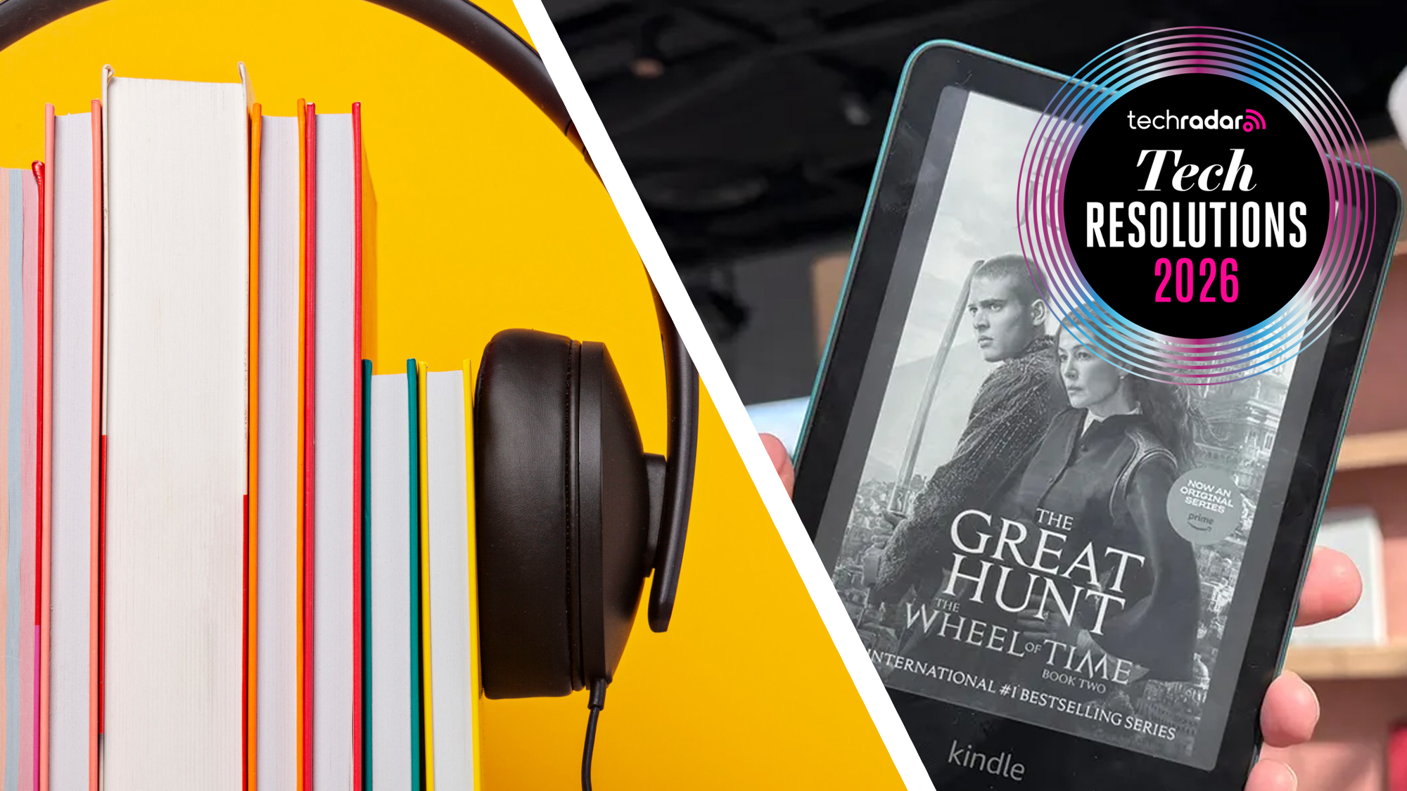 Headphones mounted on a row of books next to a hand holding a Kindle