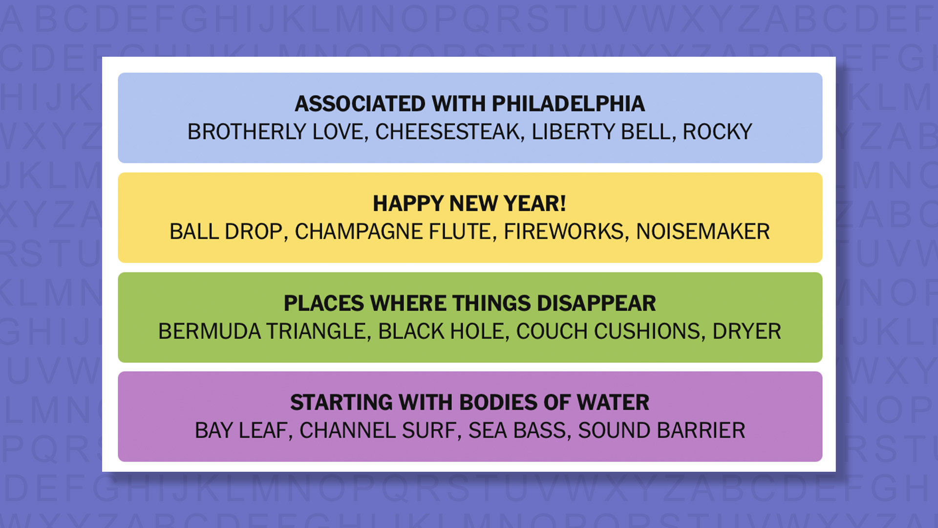 NYT Connections answers for game 934 on a purple background