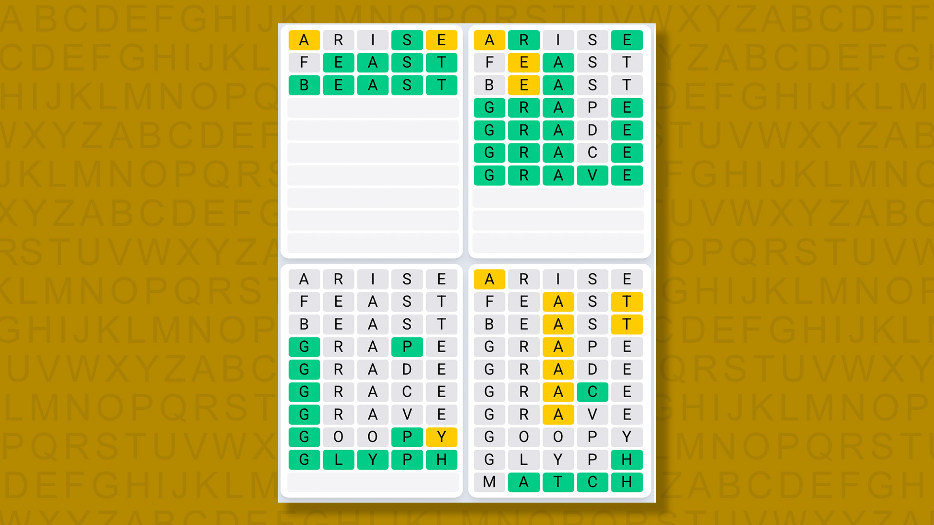 Quordle Daily Sequence answers for game 1438 on a yellow background