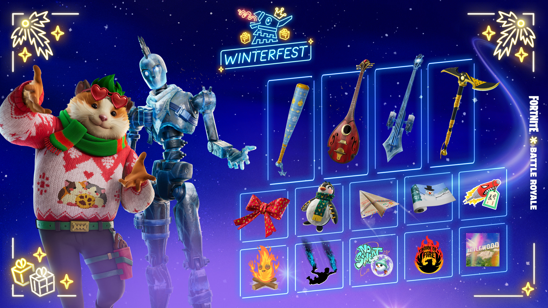 Fortnite Winterfest rewards including musical instruments, paper airplanes and more
