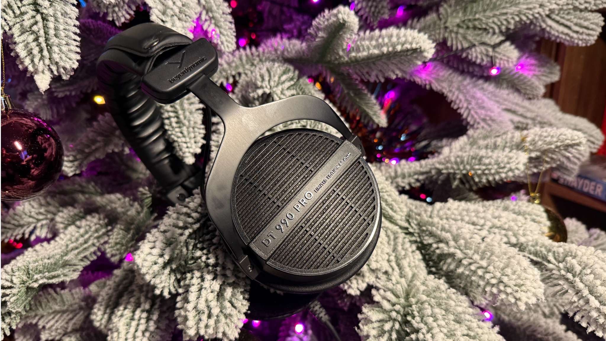 Beyerdynamic DT 990 Pro hanging on a Christmas tree
