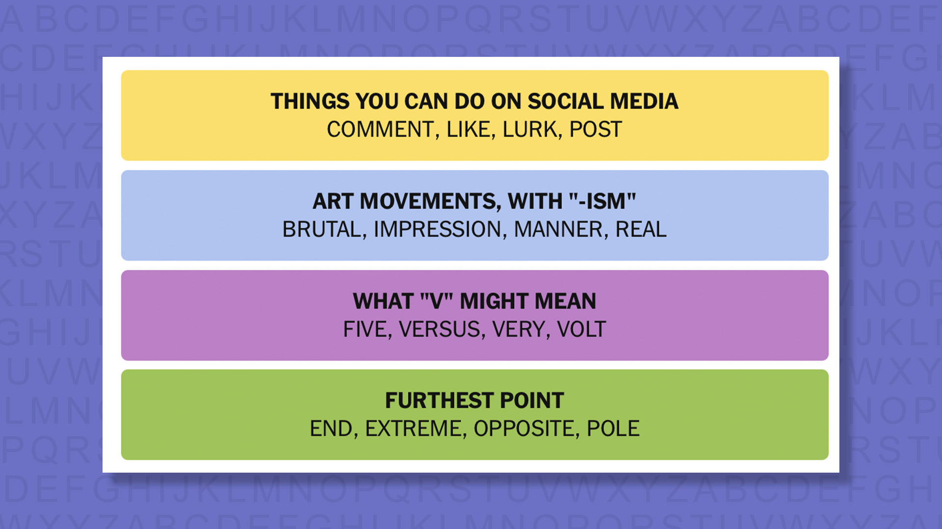 NYT Connections answers for game 939 on a purple background