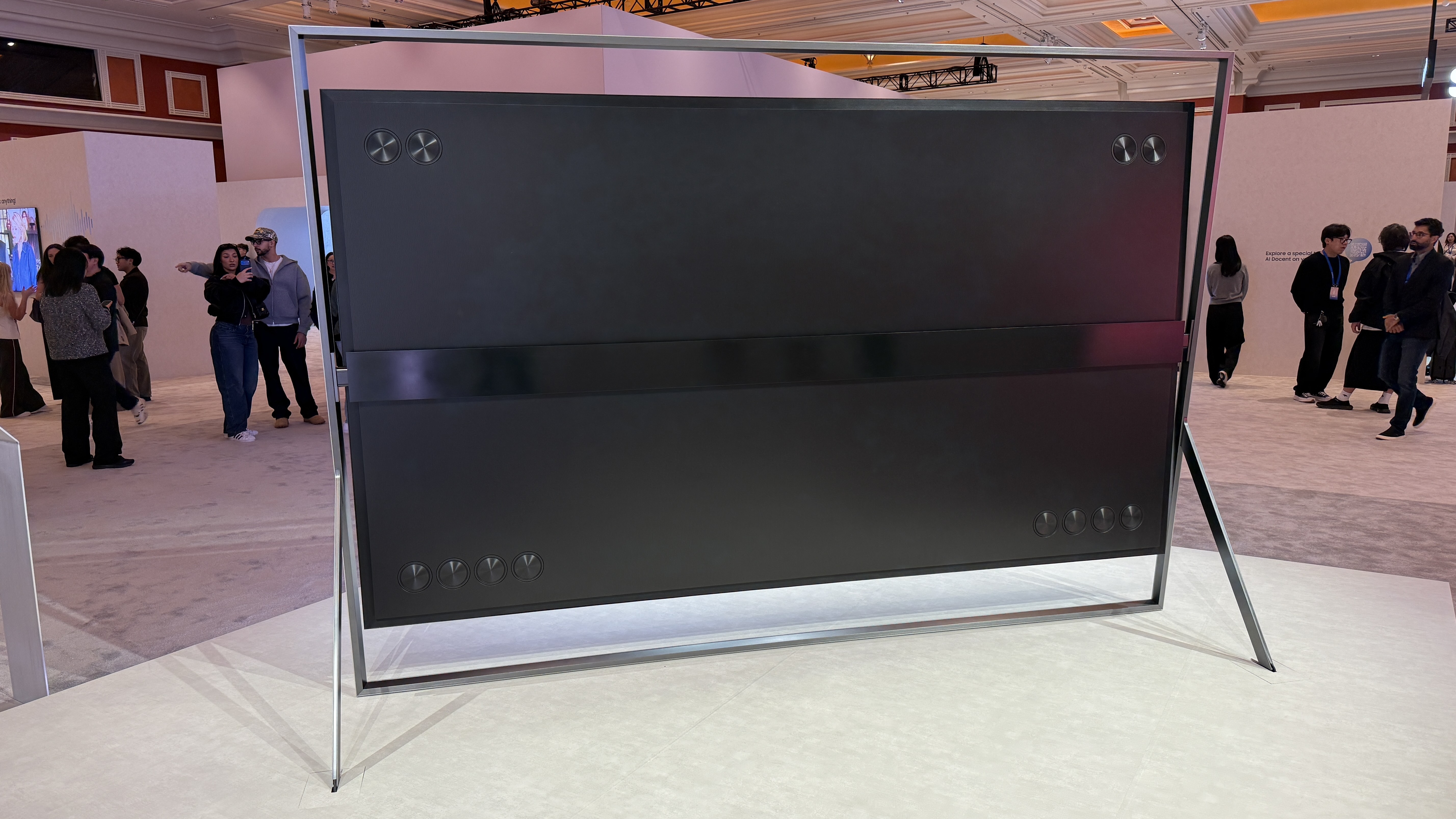 Samsung's Micro RGB TV at CES 2026, showing base units on the back