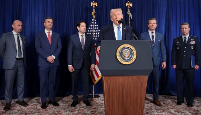 U.S. President Donald Trump speaks as White House Deputy Chief of Staff Stephen Miller, CIA Director John Ratcliffe, Secretary of State Marco Rubio, Defense Secretary Pete Hegseth and General Dan Caine, Chairman of the Joint Chiefs of Staff, look on during a news conference following a U.S. strike on Venezuela that captured President Nicolas Maduro and his wife at Martura-Las, Trump's club, Cilia-La. Beach, Florida, USA, January 3, 2026. — Reuters