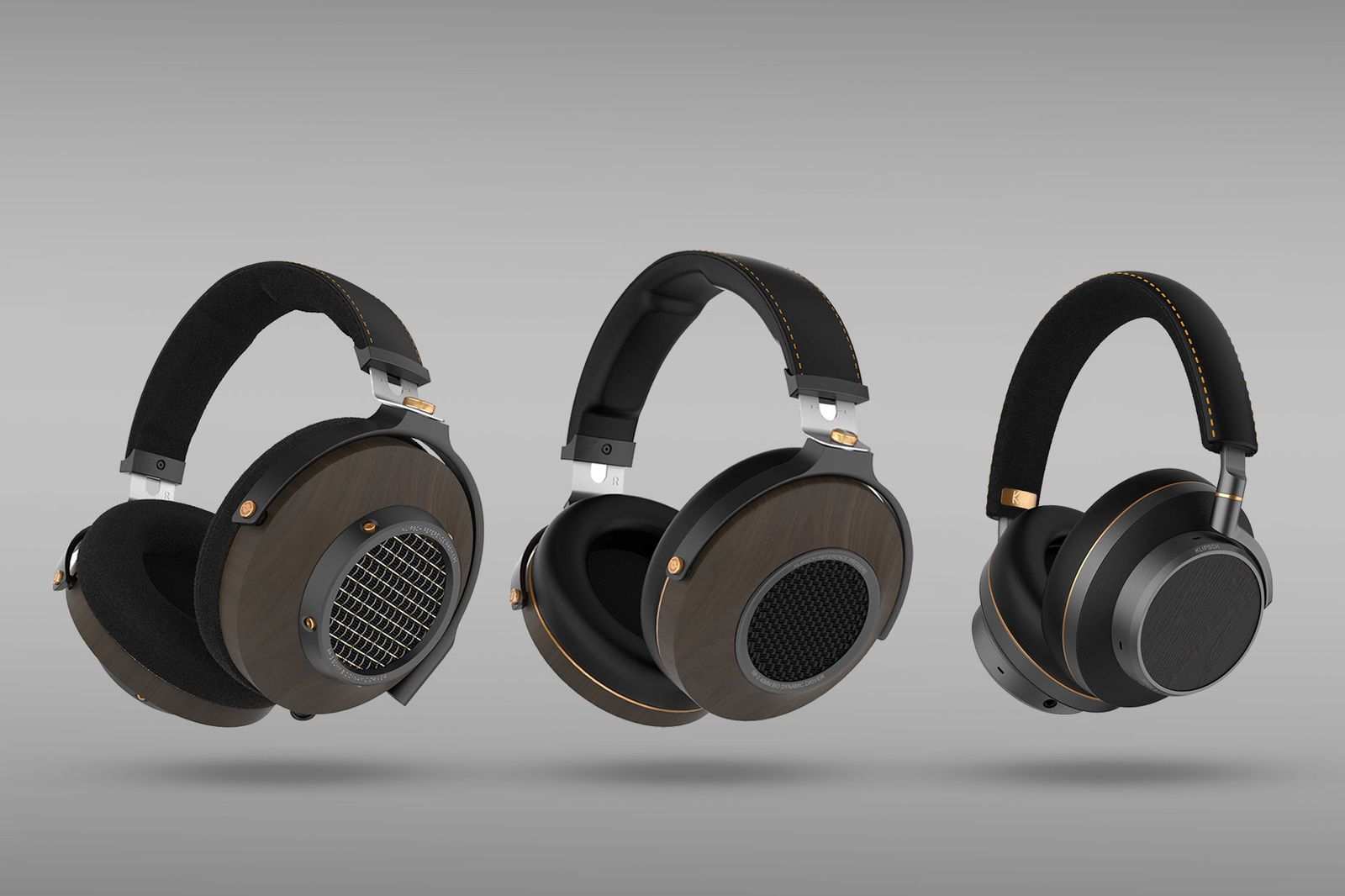 Klipsch Atlas Series headphones, left to right: HP-3, HP-2 and HP-1 on a gray background