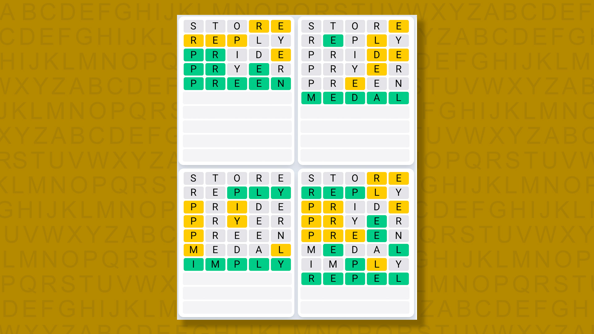 Quordle answers for game 1447 on yellow background