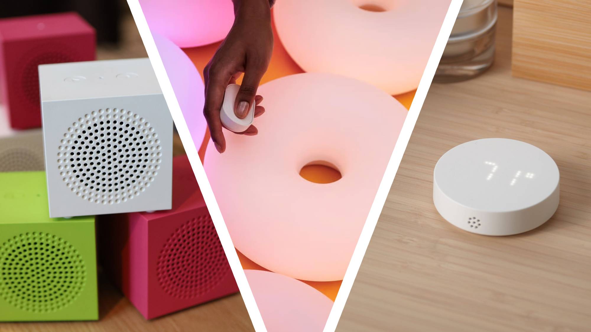 A three-part image showing three new IKEA products, including a speaker, a smart lamp and an air quality sensor