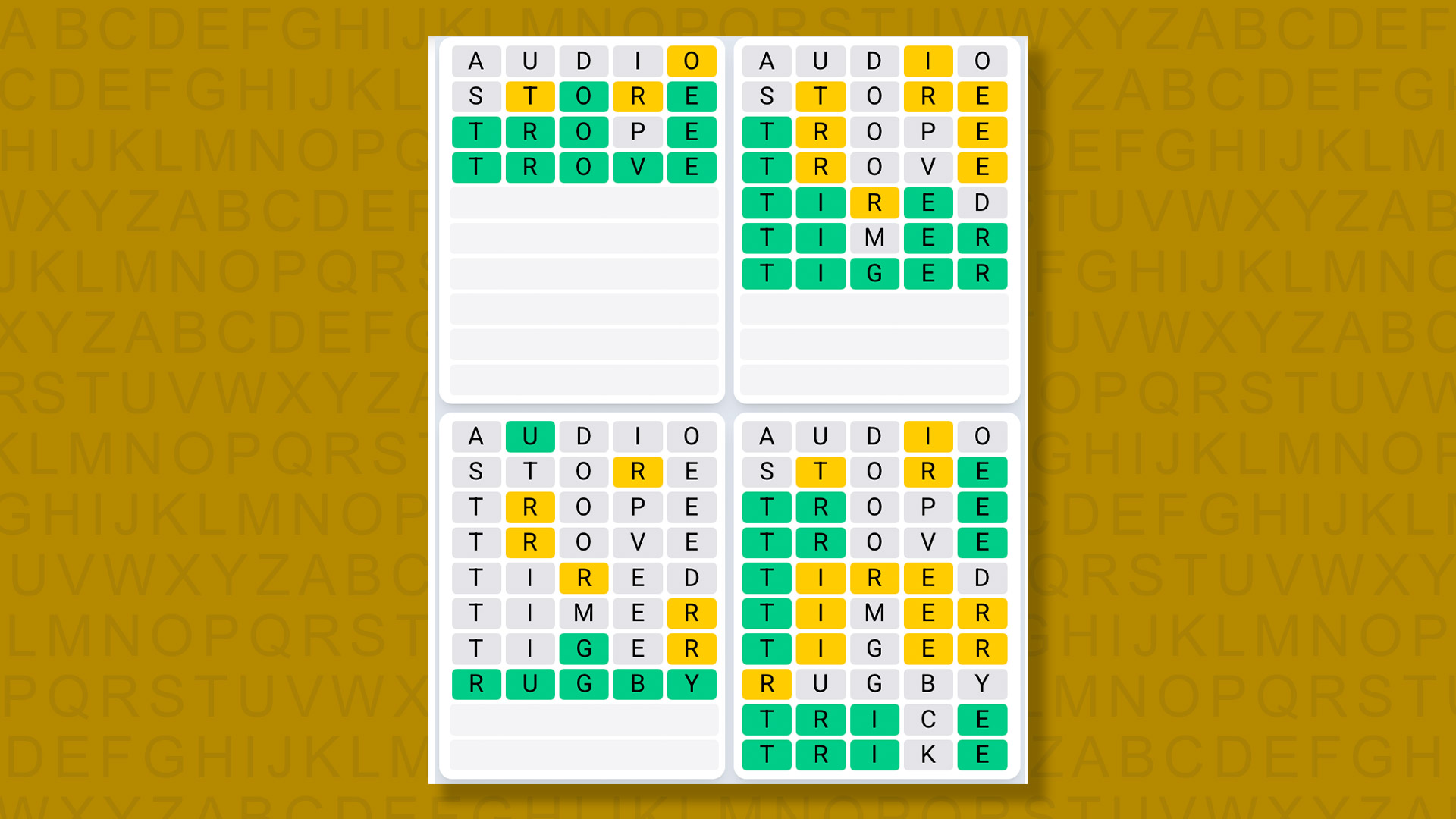 Quordle Daily Sequence answers for game 1450 on a yellow background