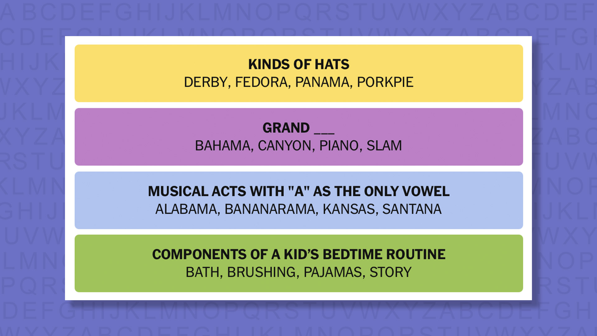 NYT Connections answers for game 950 on a purple background