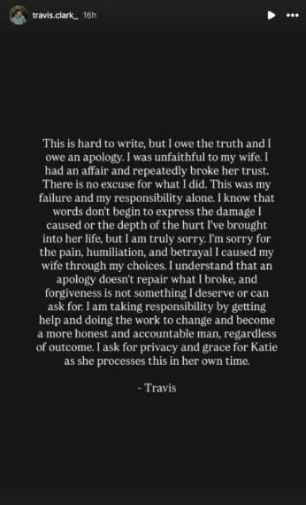 Travis Clark apologizes for infidelity as wife Katie Bates miscarries