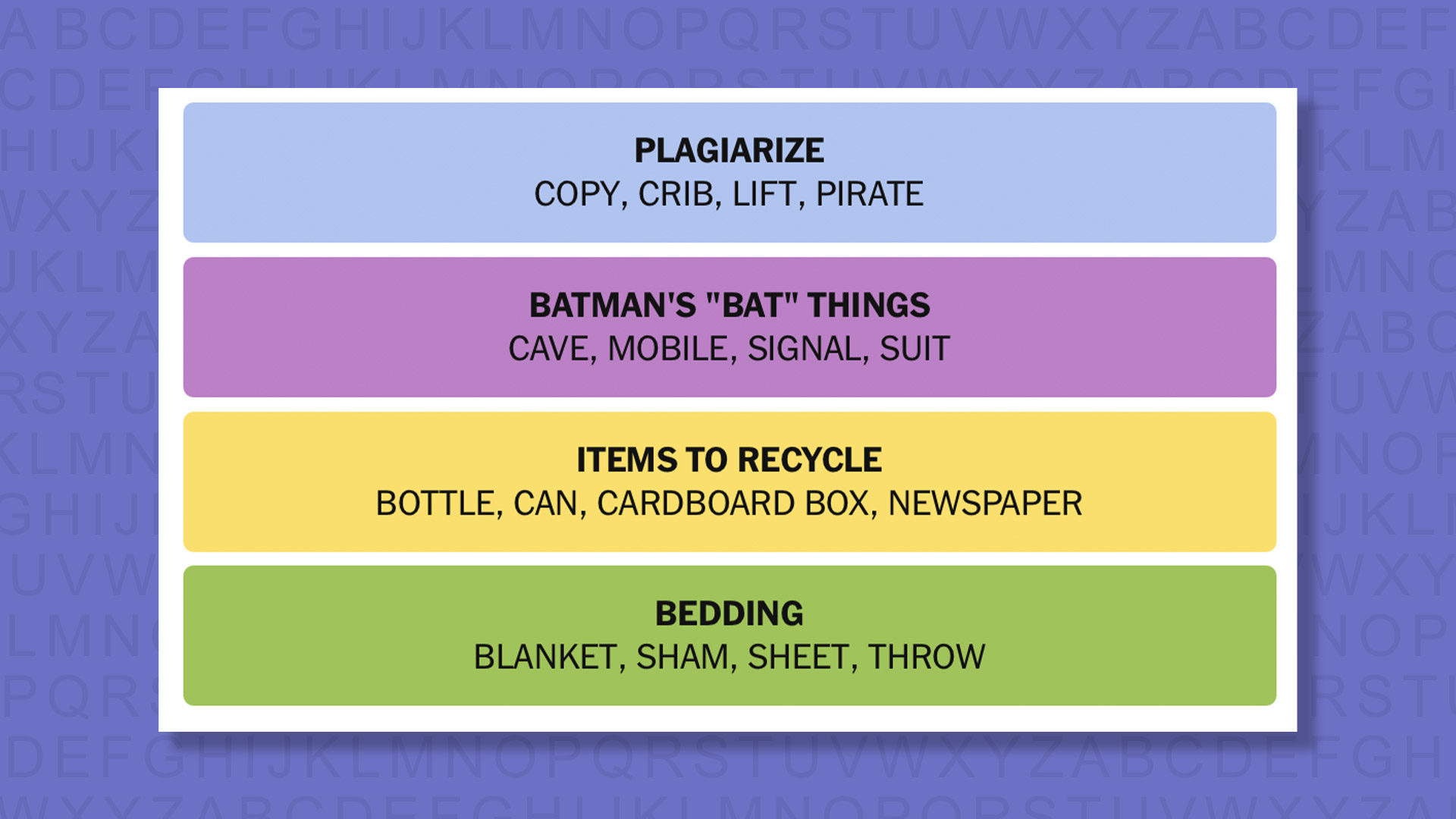 NYT Connections answers for game 955 on a purple background