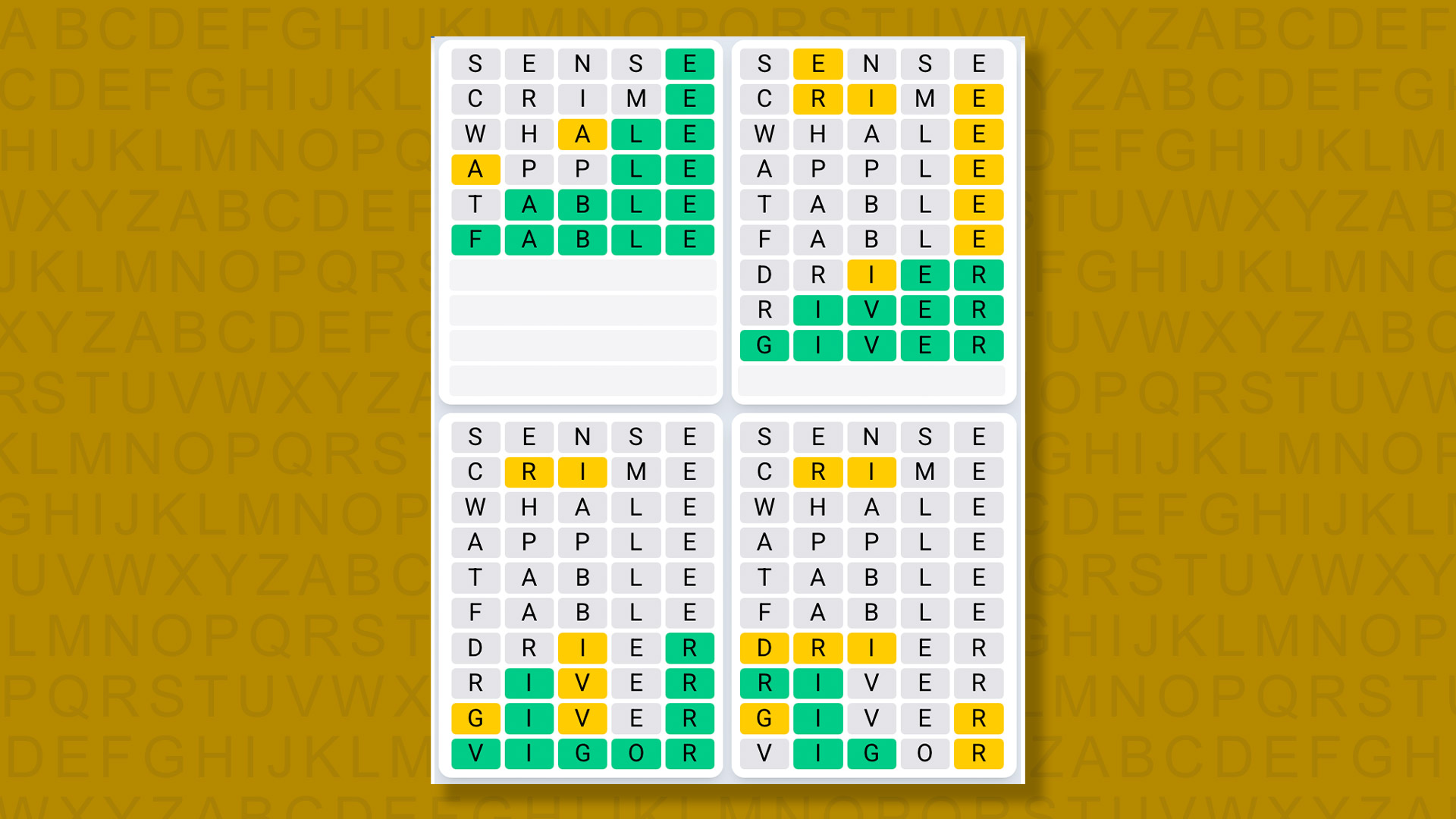 Quordle Daily Sequence answer for game 1459 on a yellow background