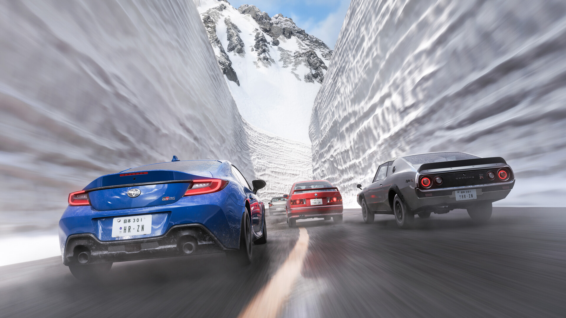 Cars drive through a treacherous snowy pass in Forza Horizon 6.