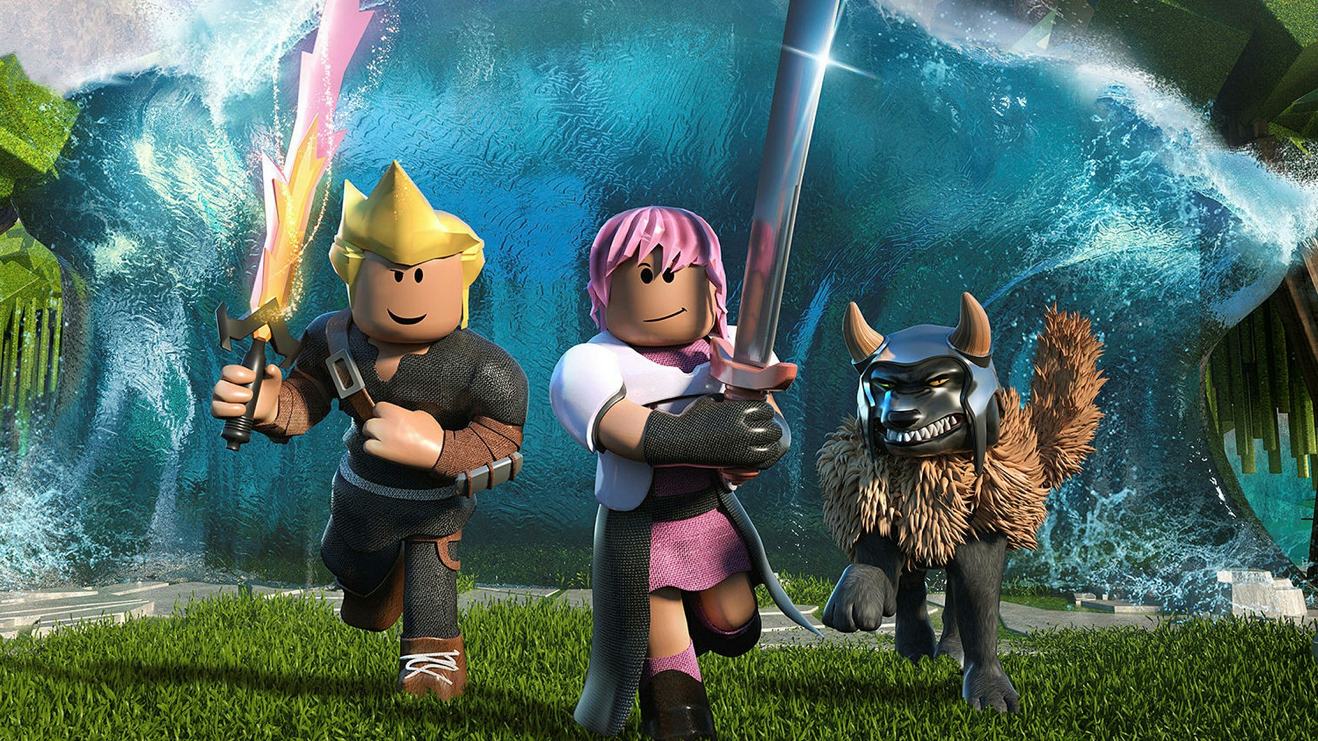 Three Roblox characters run towards the screen