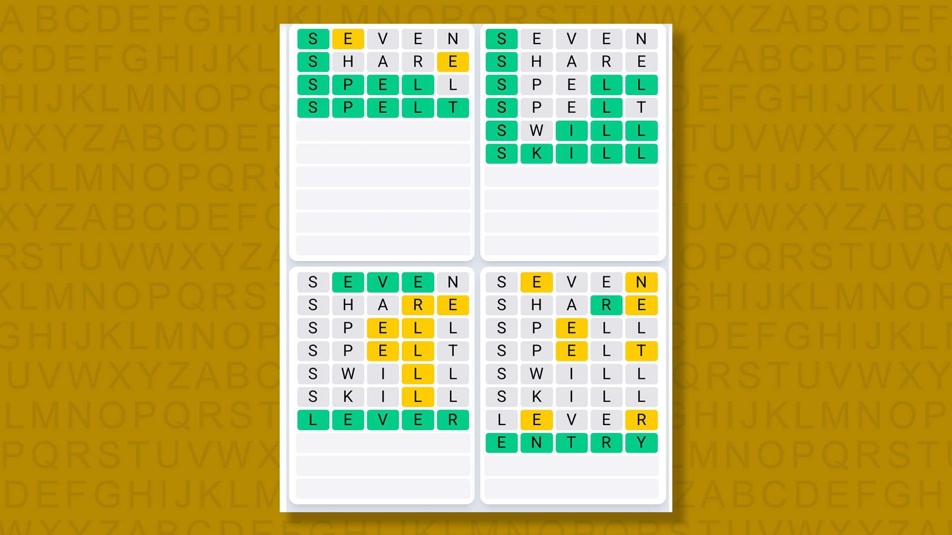 Quordle Daily Sequence answers for game 1463 on a yellow background