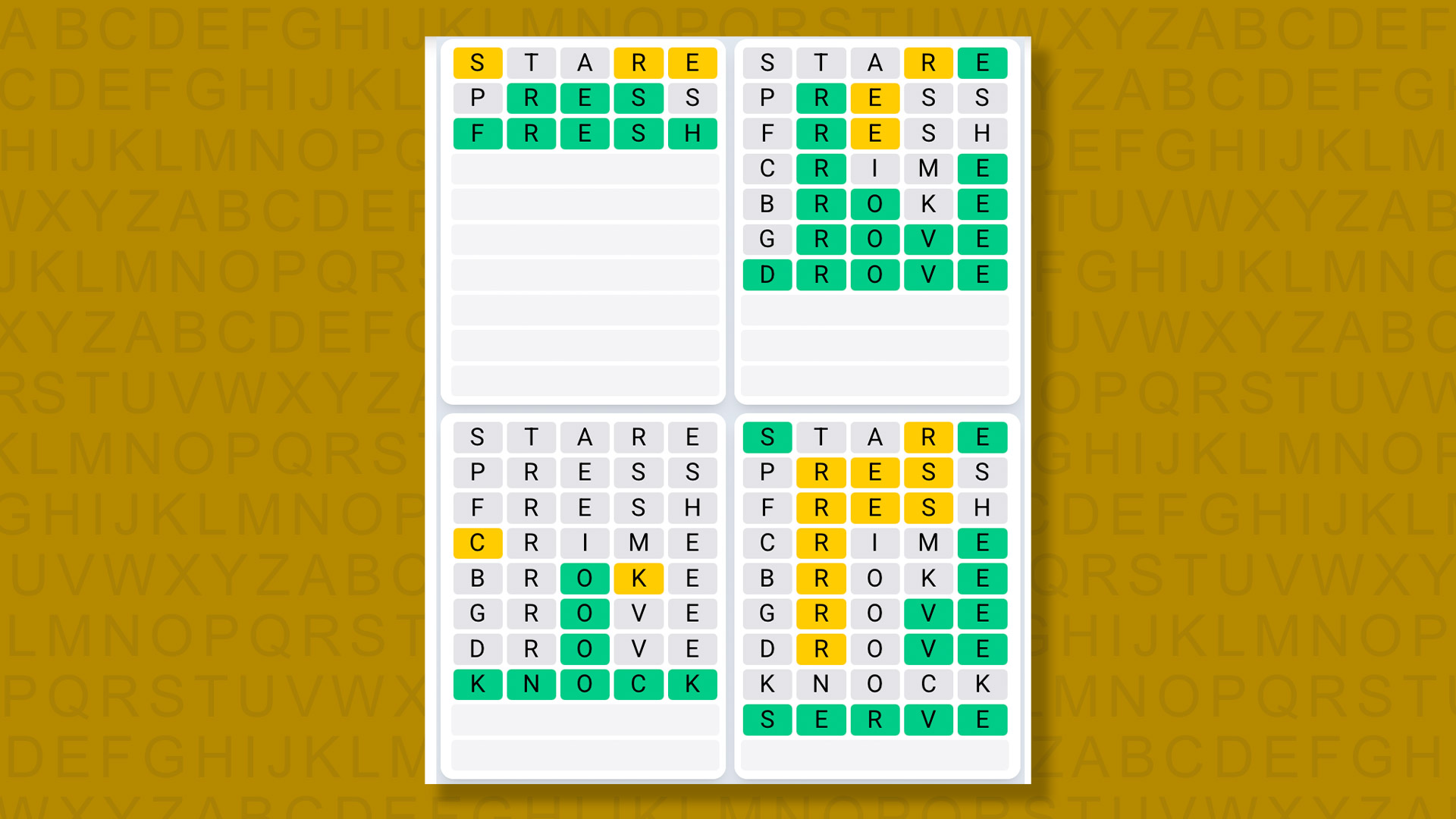 Quordle Daily Sequence answer for game 1464 on a yellow background