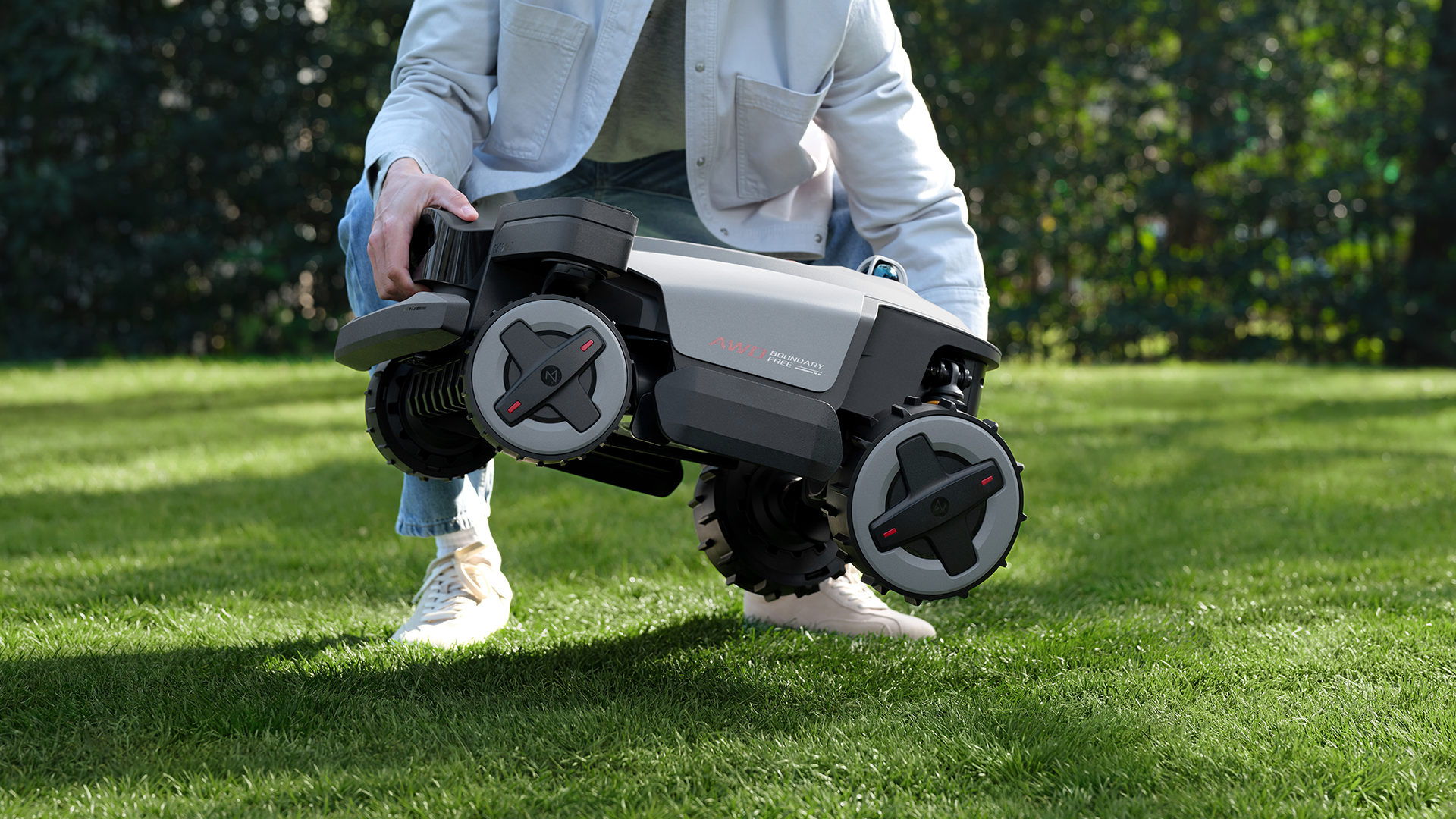 Roborock RockMow X1 LiDAR lawn bot is placed on the ground