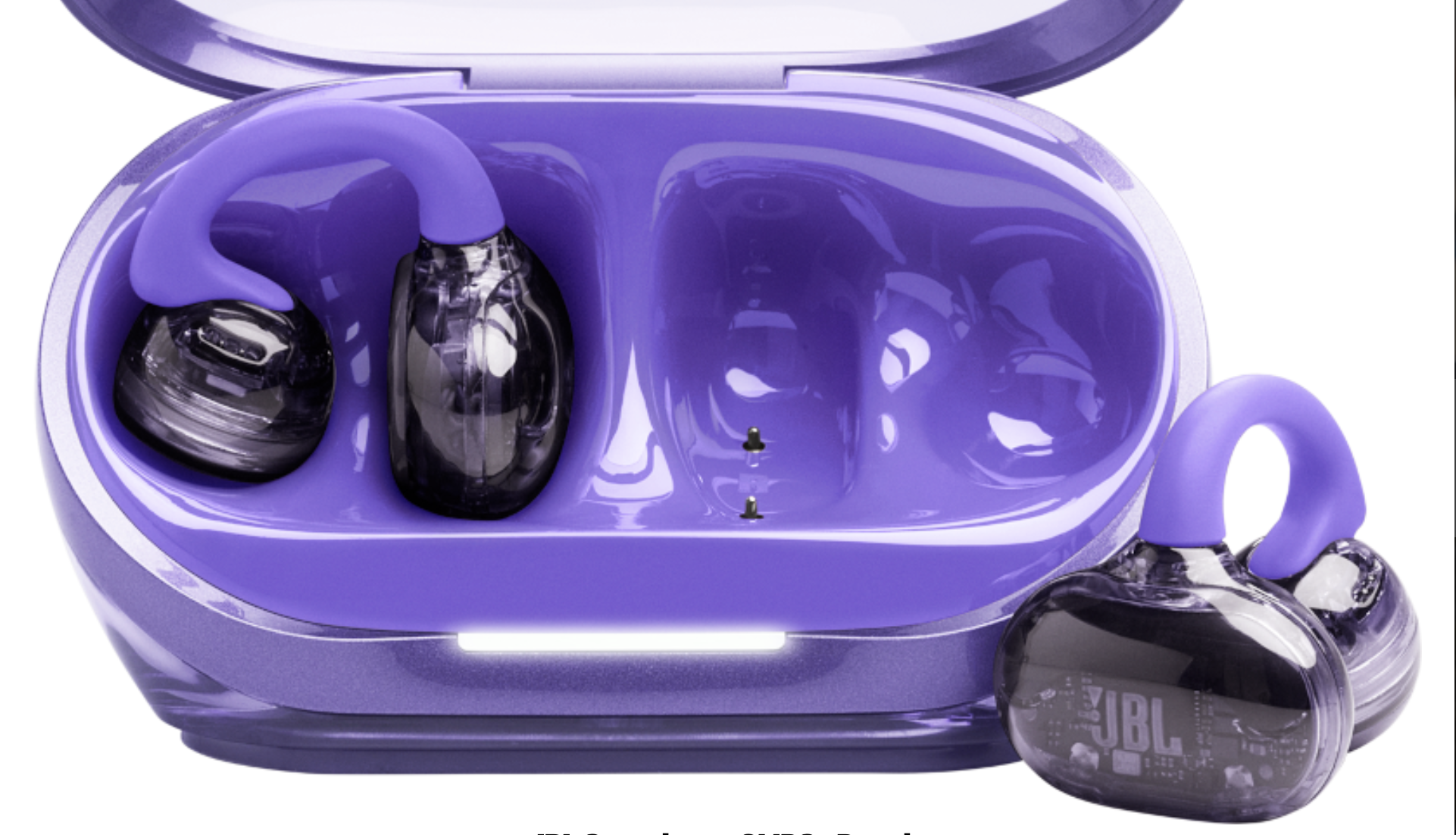 JBL Soundgear Clips in purple, with case, on white background