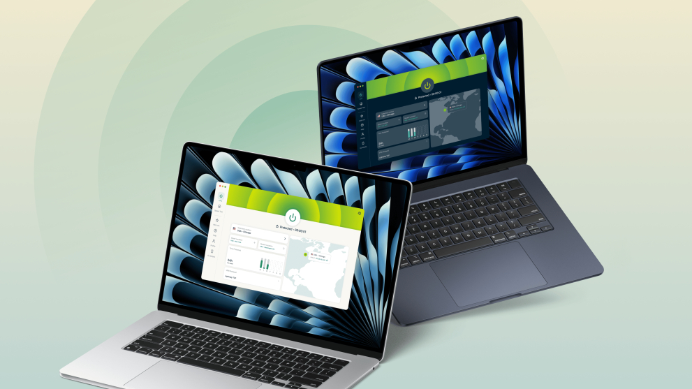 ExpressVPN app shown on two Mac laptops on a green background