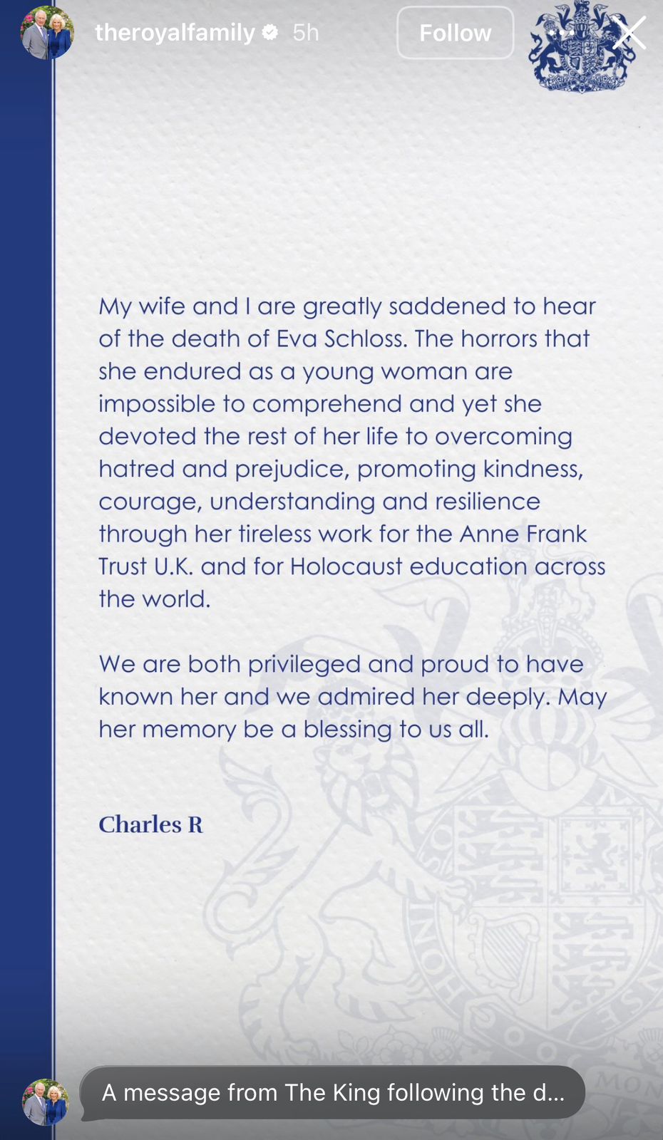 King Charles honors Holocaust survivors who refused to let hate win