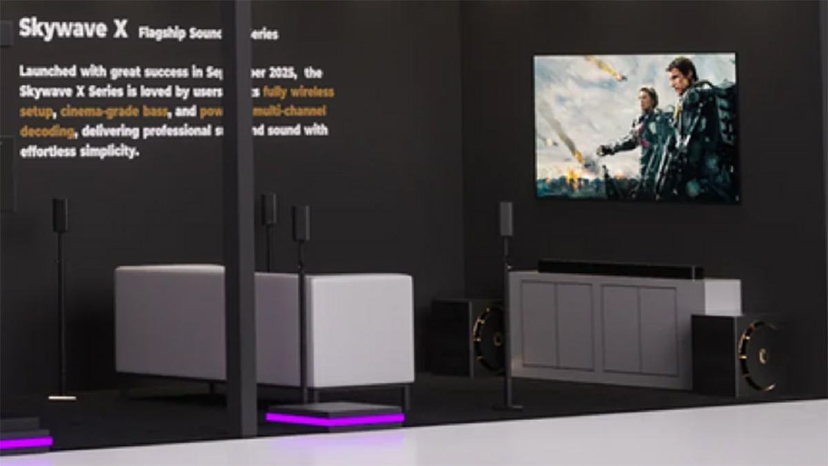 Ultimea Skywave X100 Dual setup in a recreated living room, in a booth suitable for a show like CES