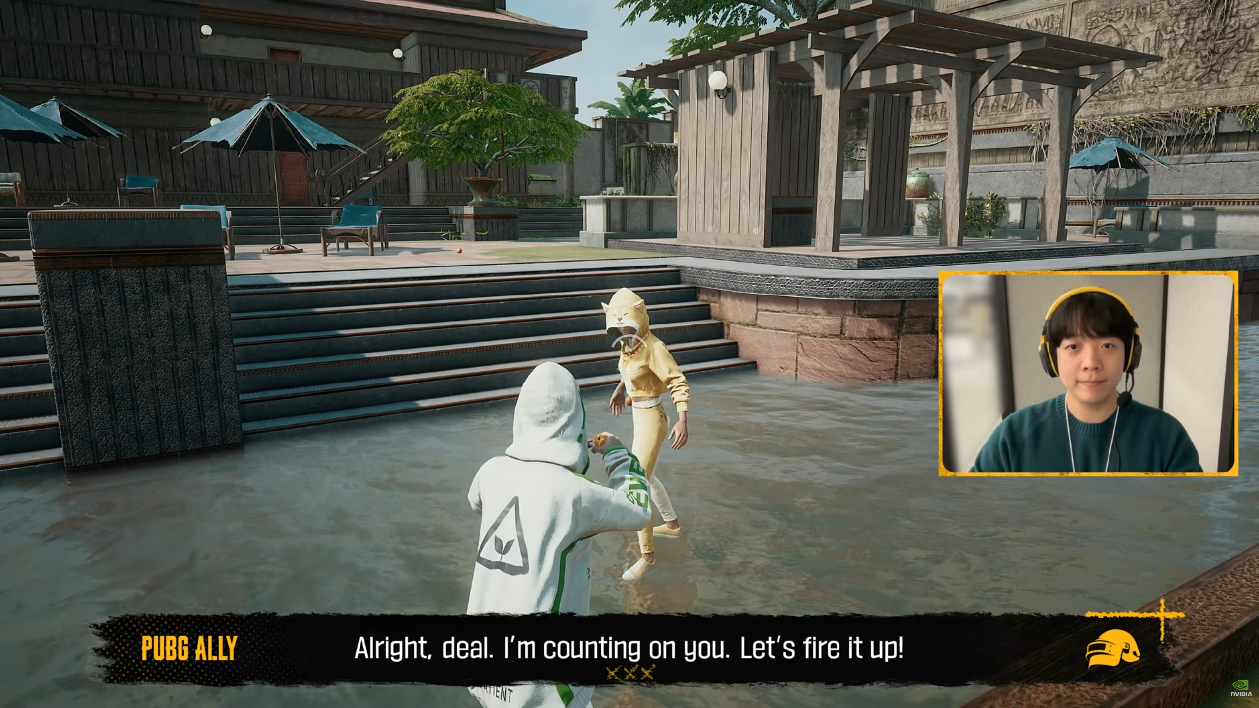 A screenshot from PUBG showing a player interacting with a 'Co-Player Character'.