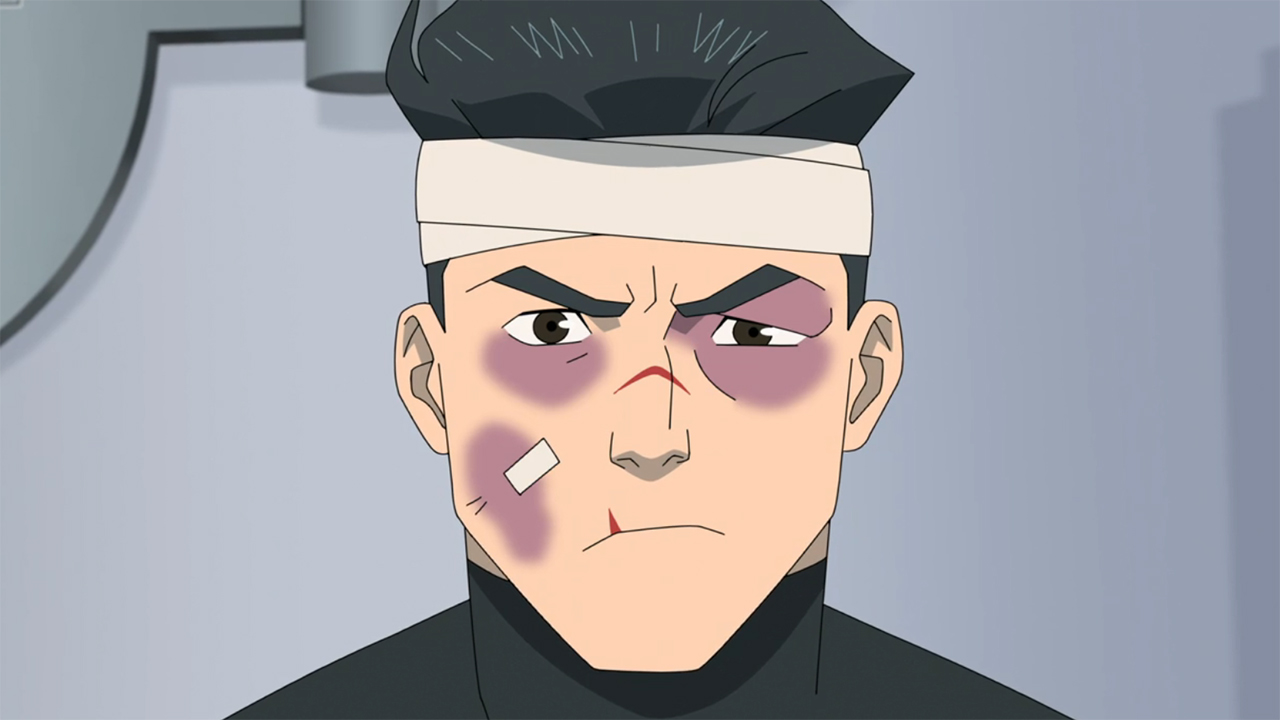 A bruised and bandaged Mark looks into the camera in Invincible season 3's final episode