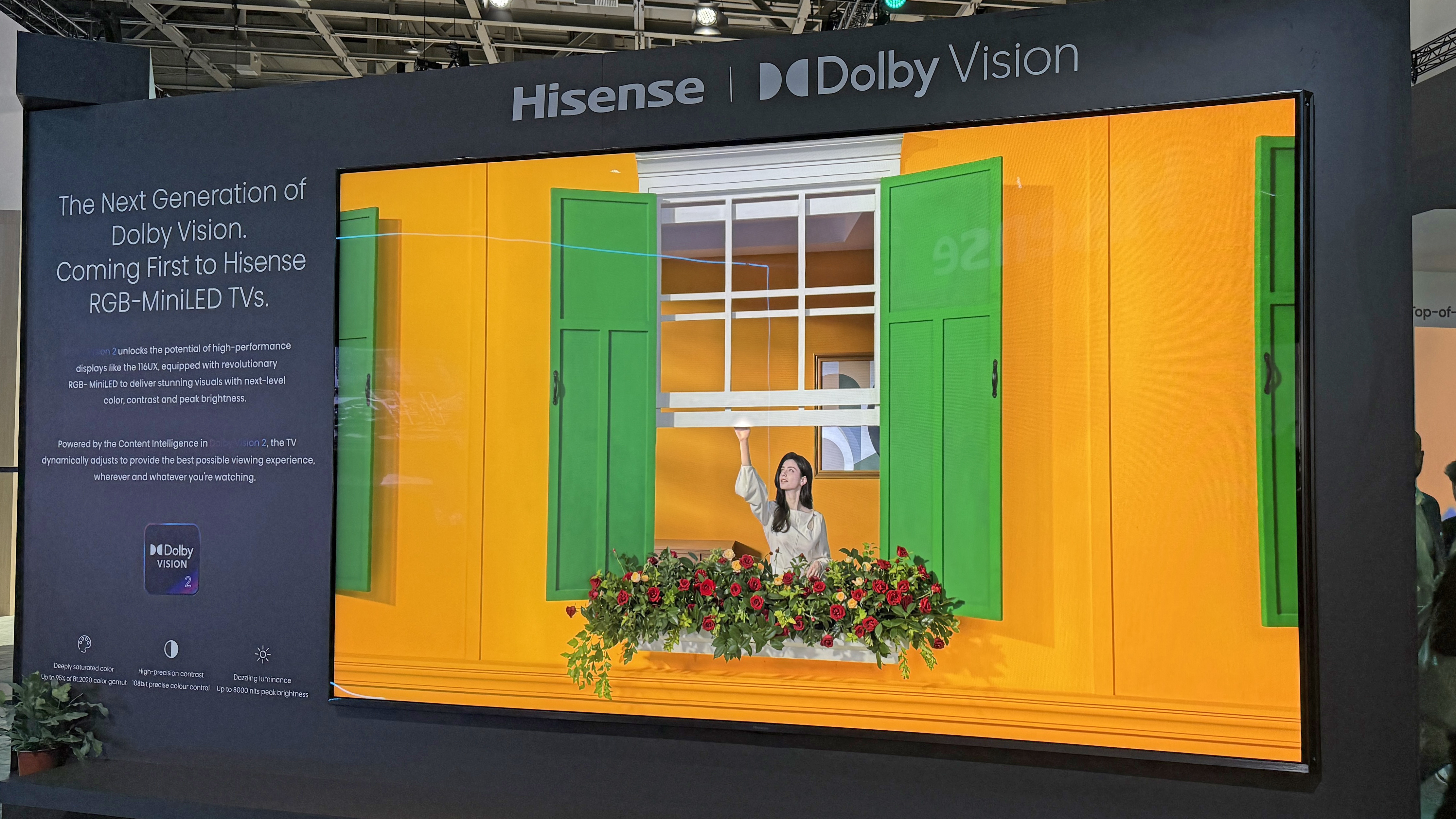 A Hisense TV showing Dolby Vision 2 footage with the Dolby Vision logo