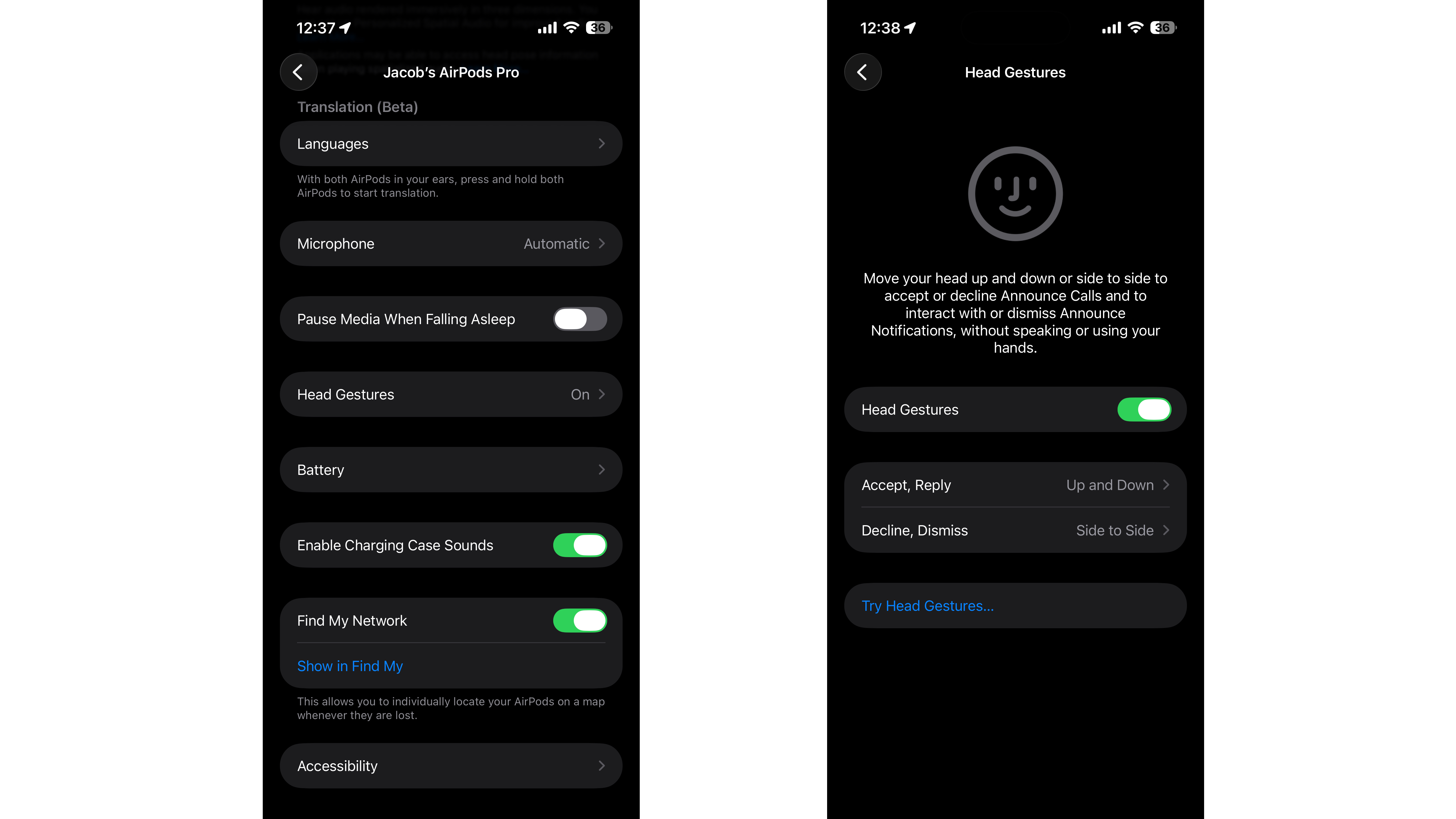 AirPods Pro settings for head movements