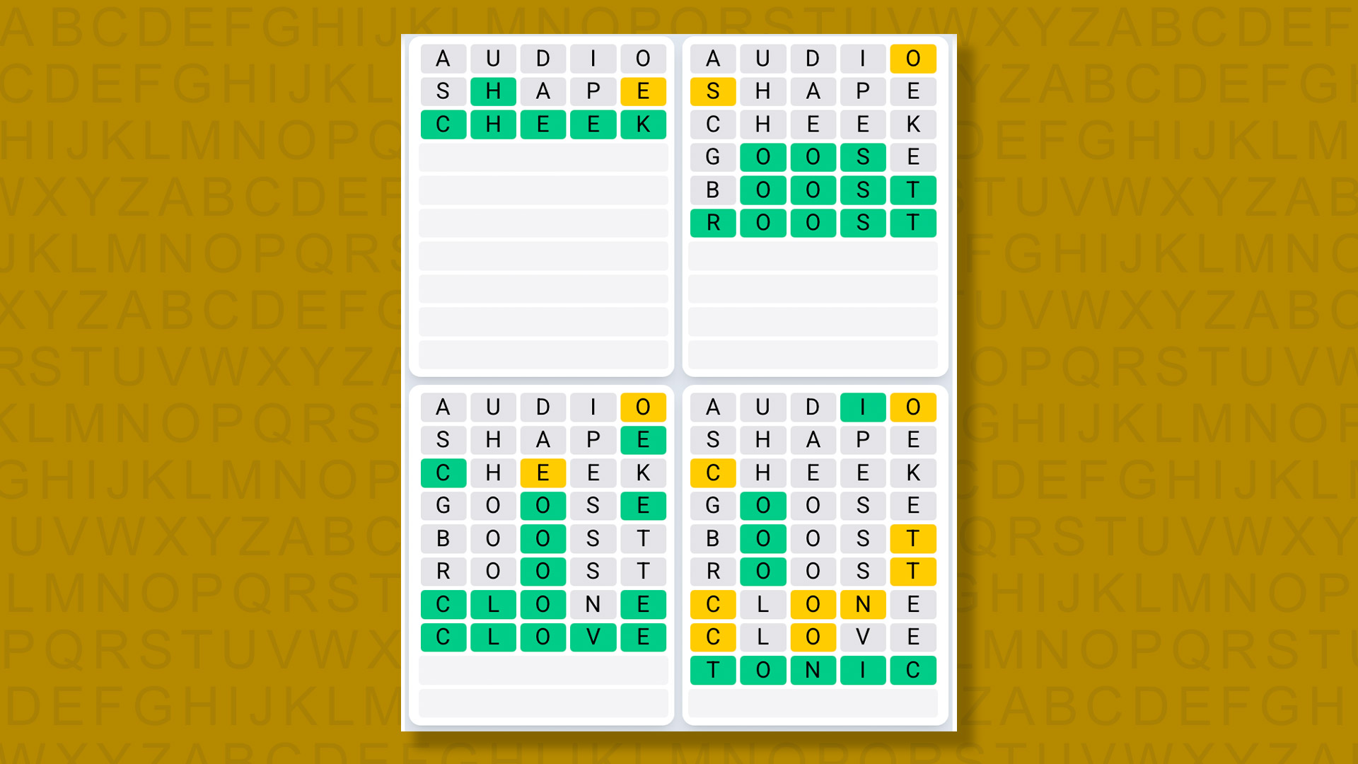 Quordle Daily Sequence answers for game 1472 on a yellow background