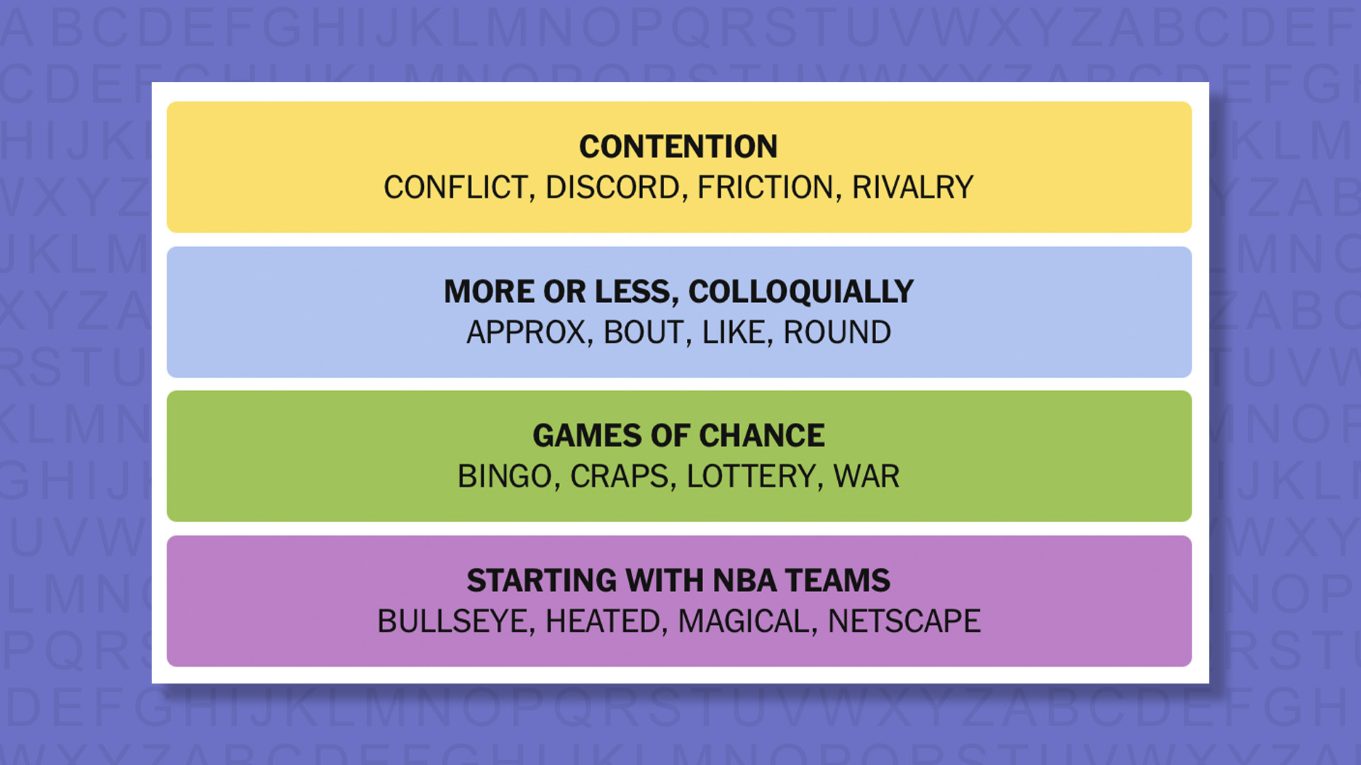 NYT Connections answers for game 969 on a purple background
