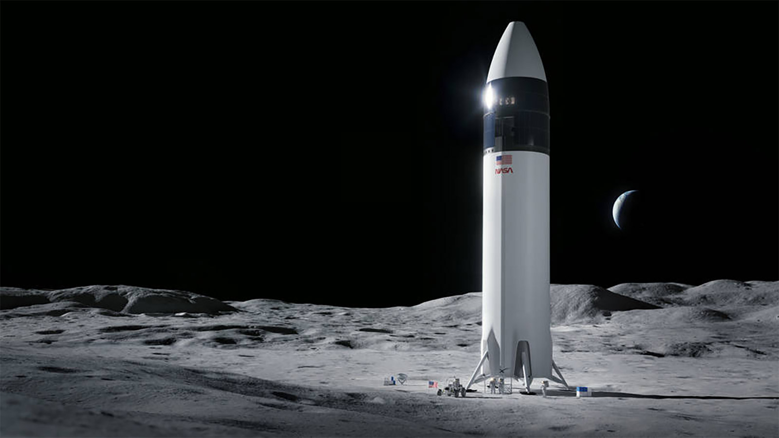 A SpaceX rendering of its starship lunar landing on the moon with American astronauts on the lunar surface