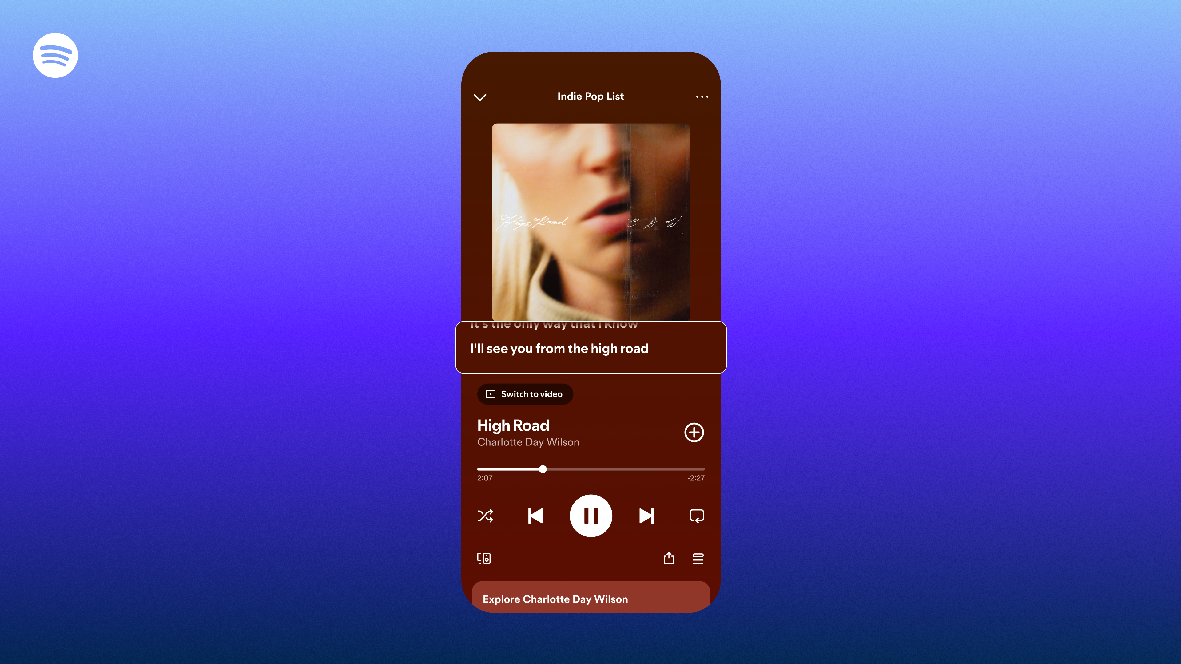 A smartphone showing the new lyrics tab on the Spotify playlist