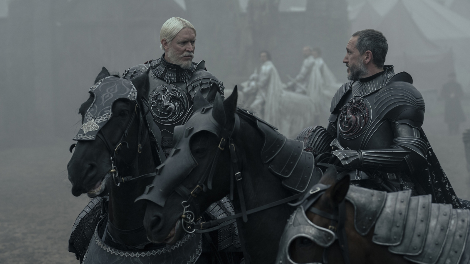 Maekar and Baelor wearing their armor and on horseback in A Knight of the Seven Kingdoms episode 4