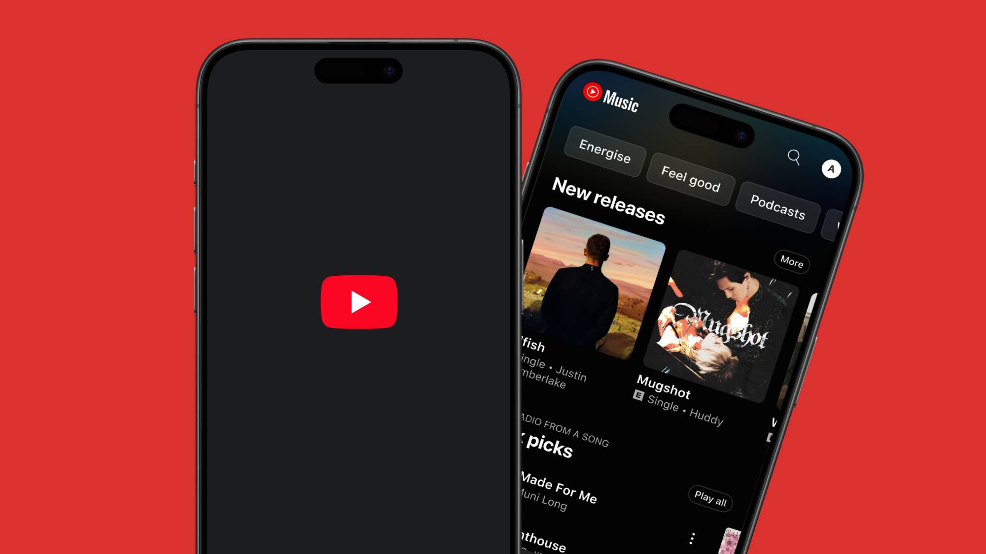 Two iPhones display the YouTube logo and the YouTube Music home page