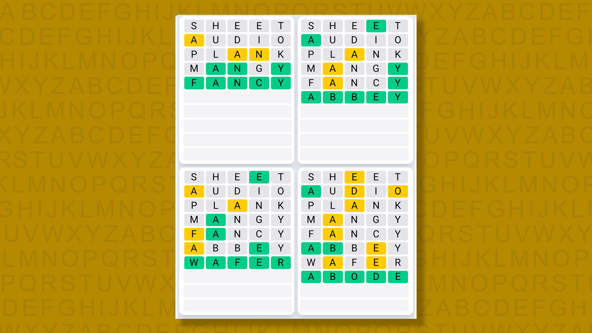 Quordle Daily Sequence answers for game 1478 on a yellow background