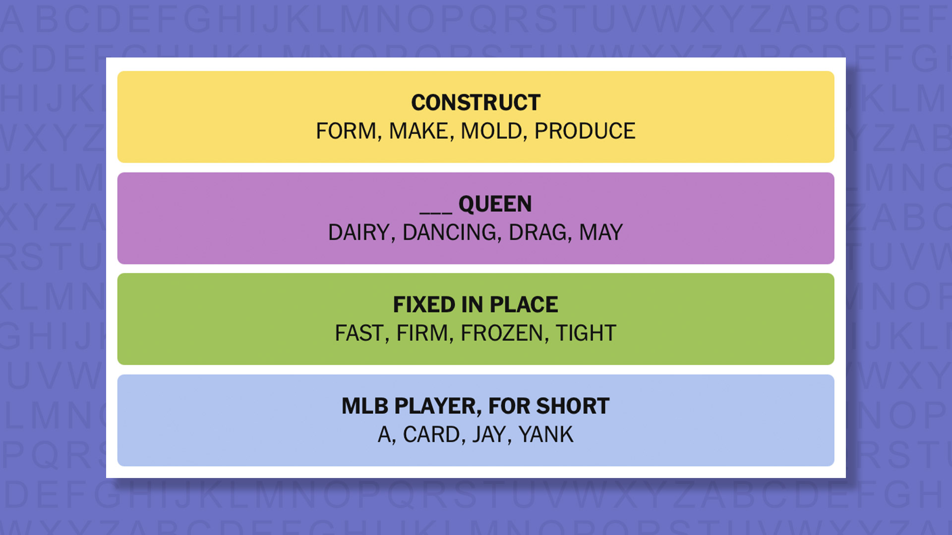 NYT Connections answers for game 977 on a purple background