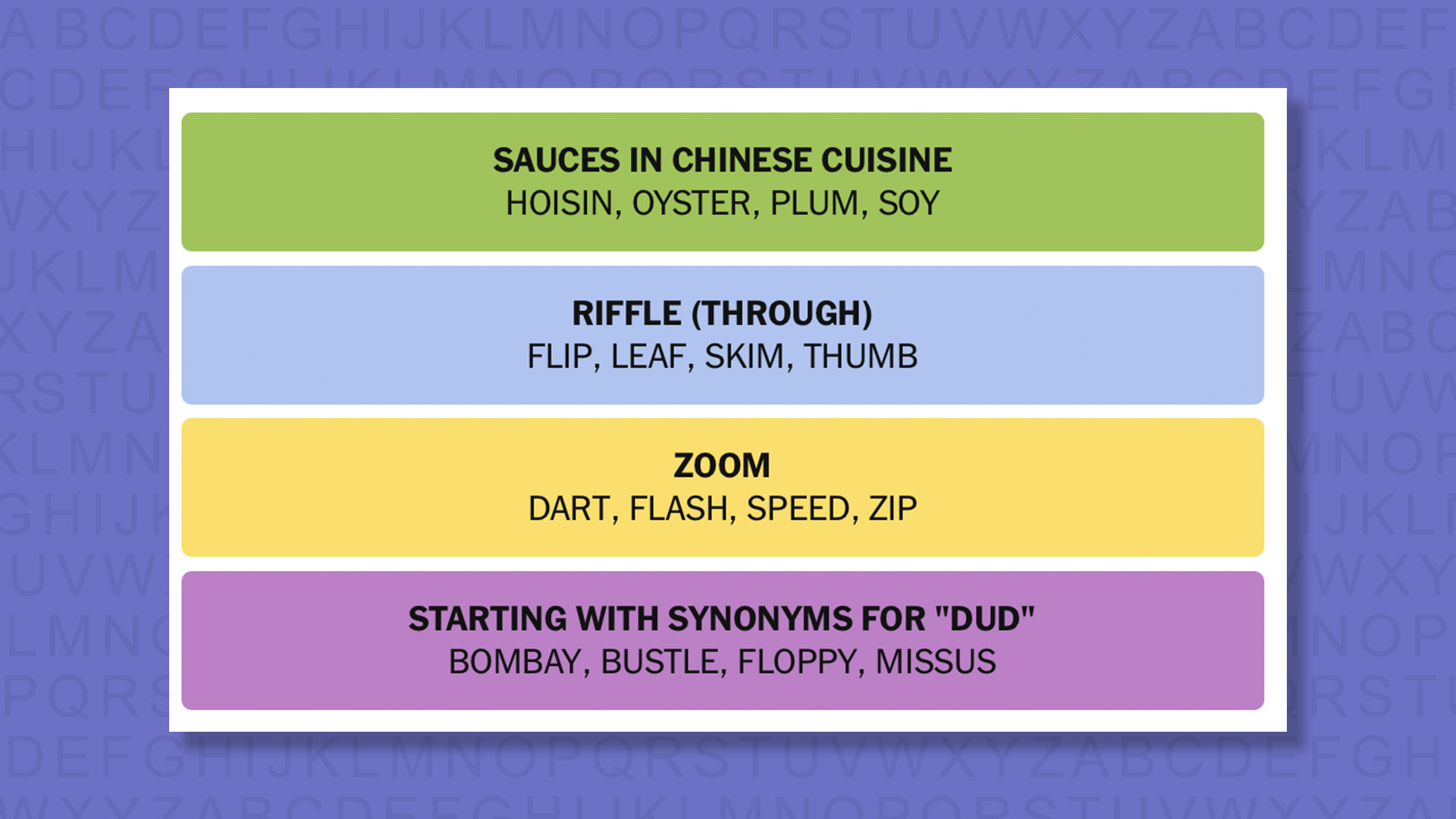 NYT Connections answers for game 982 on a purple background
