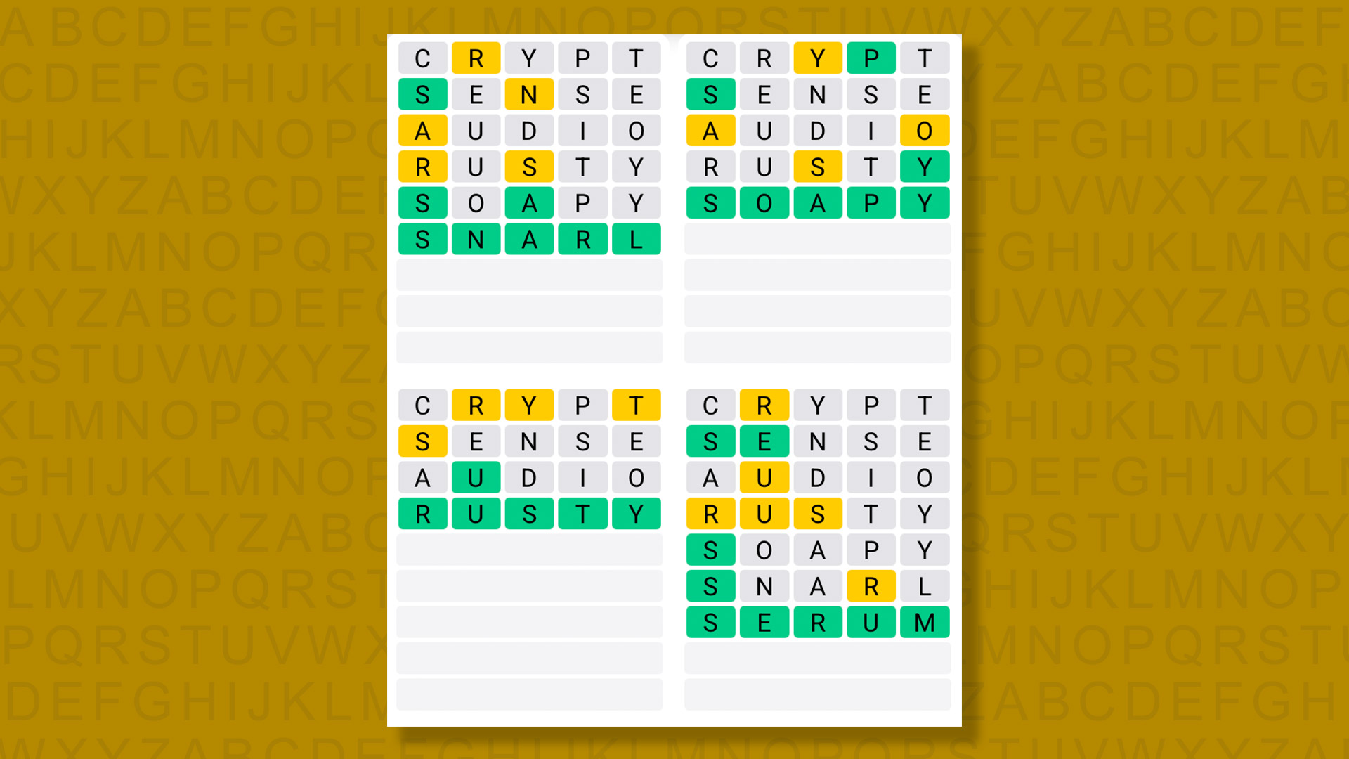 Quordle answers for game 1486 on yellow background