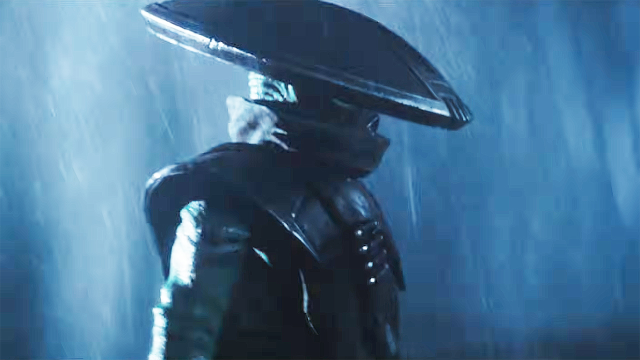 Embed the bounty hunter who walks while lit up by lightning at night in The Mandalorian and Grogu