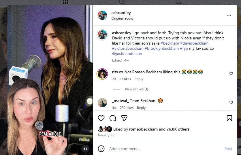 Nicola blamed a viral clip that Romeo liked amid the Beckham feud