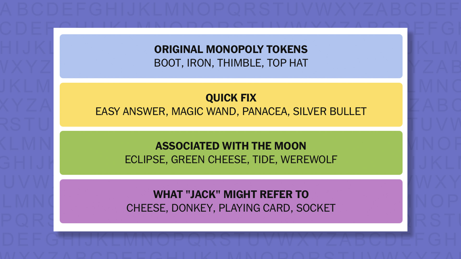 NYT Connections answers for game 985 on a purple background