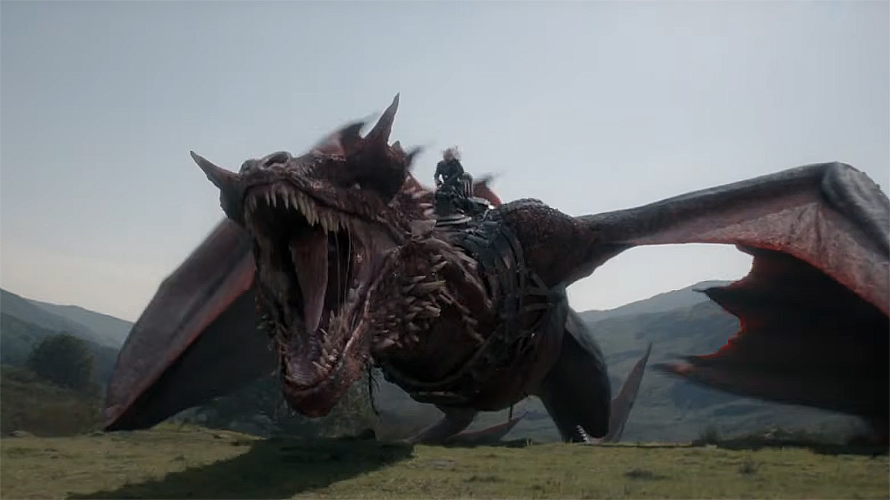A red dragon roars on a hill in House of the Dragon Season 3