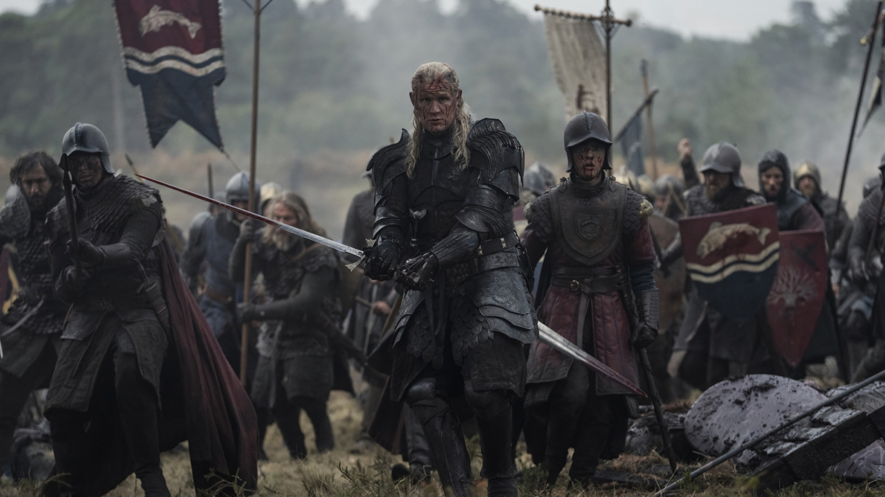 A bloody and muddy Demon leads some soldiers forward in House of the Dragon Season 3