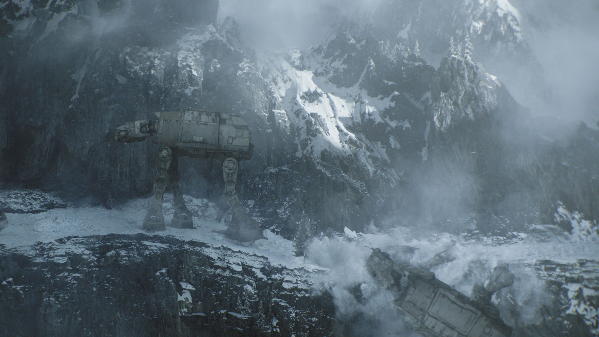 An AT-AT walker falls off a cliff while another walks along it in The Mandalorian and Grogu