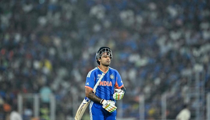 India captain Suryakumar Yadav reacts after his dismissal during the 2026 ICC Mens T20 Cricket World Cup Super Eights match between India and South Africa at the Narendra Modi Stadium in Ahmedabad on February 22, 2026. — AFP